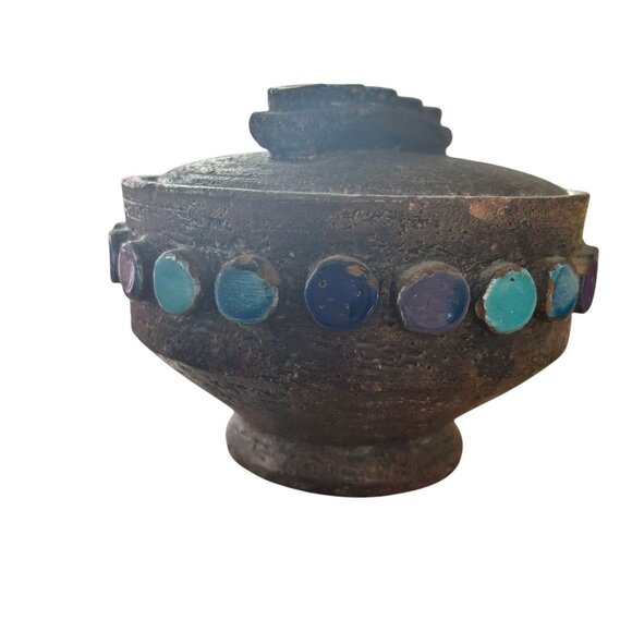MCM Bitossi Pottery Applied Disc Lidded Covered Bowl #875 Italy Aldo Londi - Picture 1 of 9